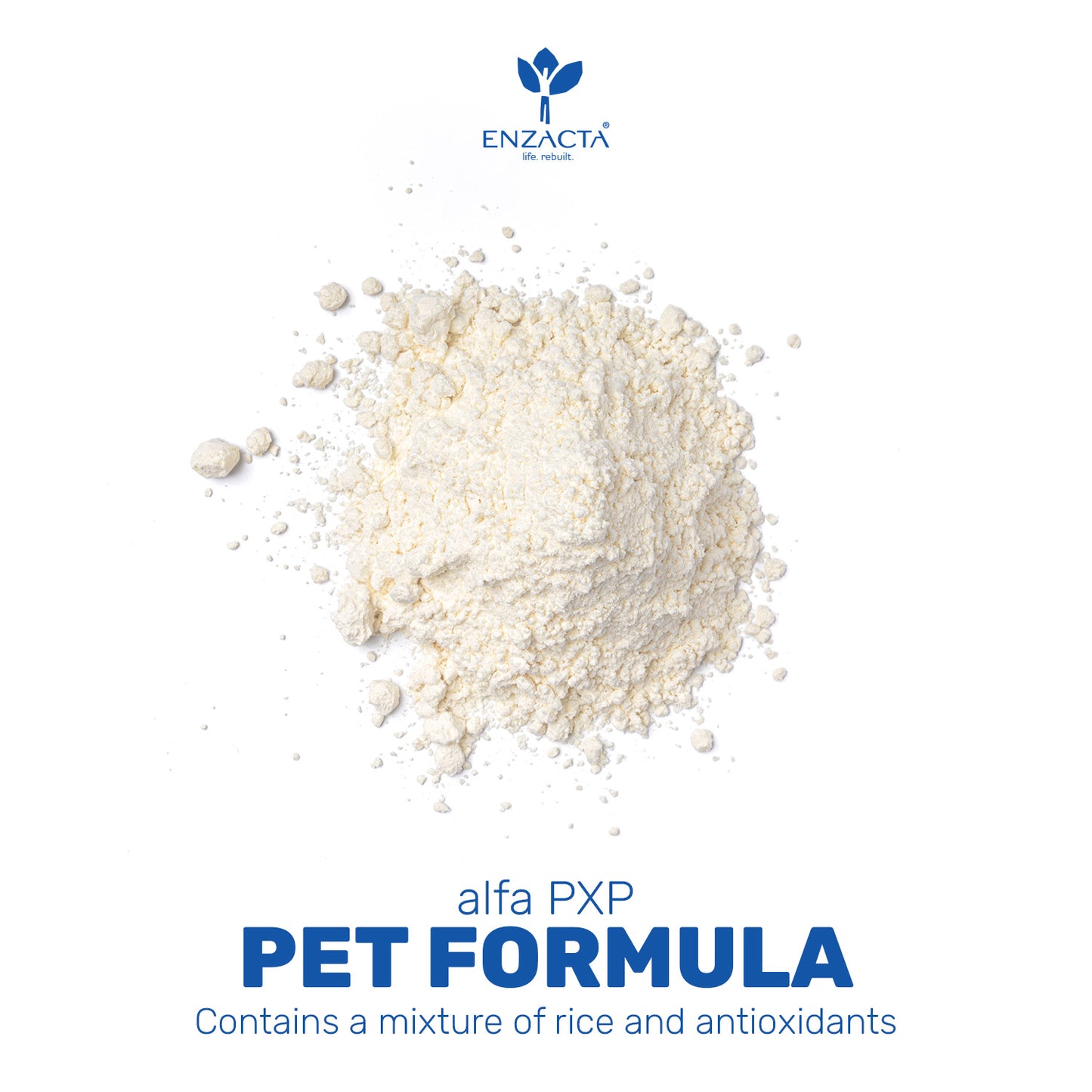 White alfa PXP PET FORMULA powder with ENZACTA logo and text about alfa PXP PET Formula on a white background.