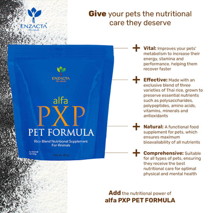 ENZACTA's alfa PXP PET FORMULA packaging with product details on a white background.