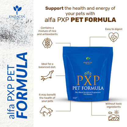 ENZACTA alfa PXP PET FORMULA packaging with text highlighting benefits on a white background.