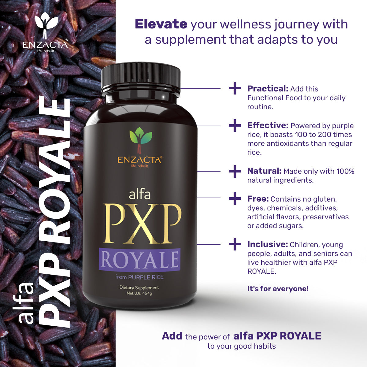 ENZACTA alfa PXP ROYALE supplement bottle with purple rice on a white background.