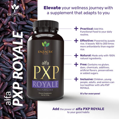 ENZACTA alfa PXP ROYALE supplement bottle with purple rice on a white background.