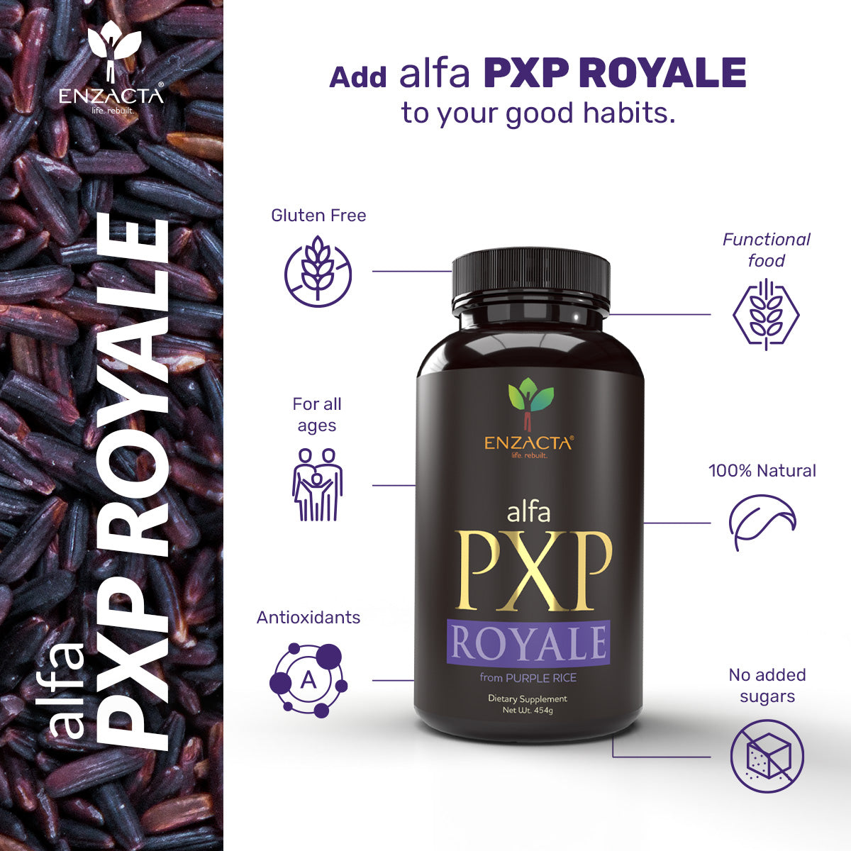 ENZACTA alfa PXP ROYALE supplement bottle with purple rice on a white background.